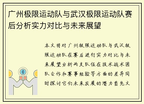 广州极限运动队与武汉极限运动队赛后分析实力对比与未来展望