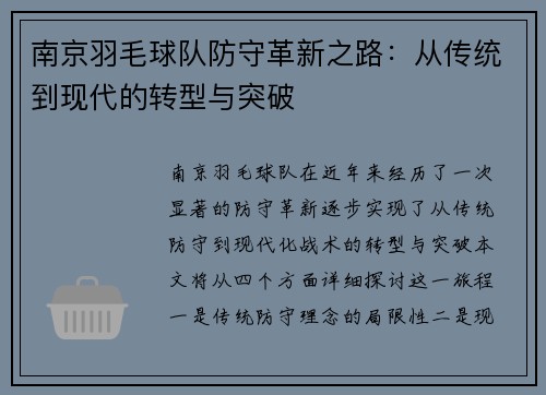 南京羽毛球队防守革新之路：从传统到现代的转型与突破
