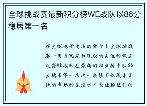 全球挑战赛最新积分榜WE战队以86分稳居第一名