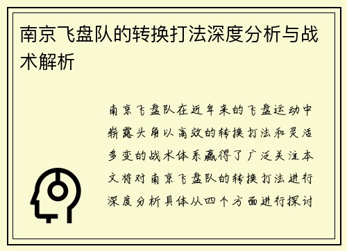南京飞盘队的转换打法深度分析与战术解析