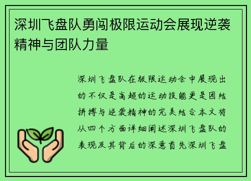 深圳飞盘队勇闯极限运动会展现逆袭精神与团队力量